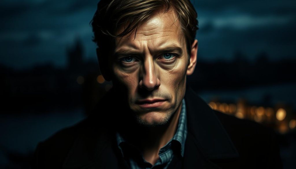 A brooding, pensive portrait of the fictional character Martin Eden, the protagonist of the novel of the same name. Set against a moody, atmospheric backdrop, the image captures the character's introspective gaze, the chiaroscuro lighting highlighting the sharp features of his face and the pensive intensity in his eyes. The composition places him in the foreground, with a blurred cityscape or seascape visible in the background, conveying a sense of isolation and inner conflict. The overall mood is one of melancholy, ambition, and the struggle for self-discovery, reflecting the themes of the novel.