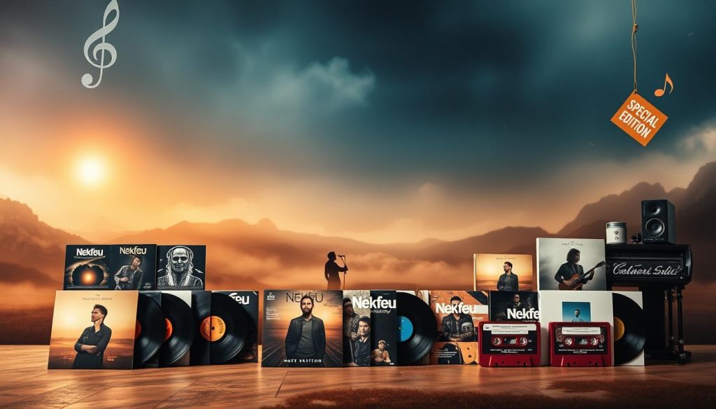 A striking album cover featuring a collage of musical collaborations and special edition artwork. In the foreground, an array of vinyl records and cassette tapes, each showcasing the distinctive visual identity of the "Feu" album. The middle ground depicts musicians in thoughtful poses, hinting at the creative process behind these special releases. In the background, a dreamy, atmospheric landscape with a warm, golden glow, evoking the emotional resonance of the music. Subtle visual cues, such as musical notes and studio equipment, further emphasize the notion of artistic collaboration and the evolution of the album's legacy. The overall composition conveys a sense of artistic depth, collectability, and the lasting impact of Nekfeu's influential work.