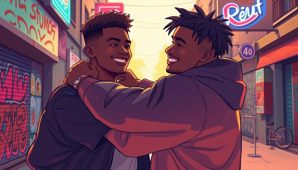 A vibrant, emotive illustration depicting the concept of "amitié" (friendship) in the context of the French rap culture. In the foreground, two young men are shown embracing warmly, their expressions conveying a deep sense of camaraderie and trust. The mid-ground features an urban backdrop, with graffiti-adorned walls and neon signs, reflecting the gritty yet dynamic nature of the rap scene. The background is bathed in a soft, golden light, creating a sense of comfort and intimacy. The overall composition suggests the powerful role that "reuf" (the French term for a close friend) plays in the lives of French rappers, serving as a pillar of support and a source of inspiration within their artistic endeavors.