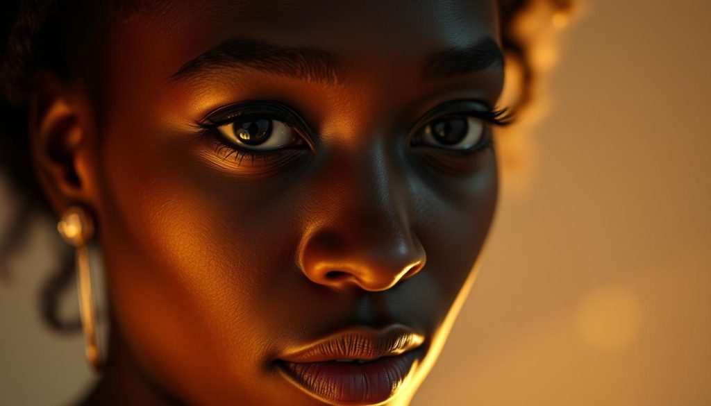 A close-up portrait of Karidja Touré, a renowned French actress, captured in a pensive, introspective moment. Soft, warm lighting illuminates her delicate features, casting gentle shadows that accentuate her striking bone structure and captivating gaze. The background is a muted, dreamy haze, allowing the viewer to focus solely on the subject's expressive face and the subtle emotions it conveys. The image is shot with a medium-format lens, creating a shallow depth of field that isolates Touré and emphasizes her natural beauty and raw talent as a performer.