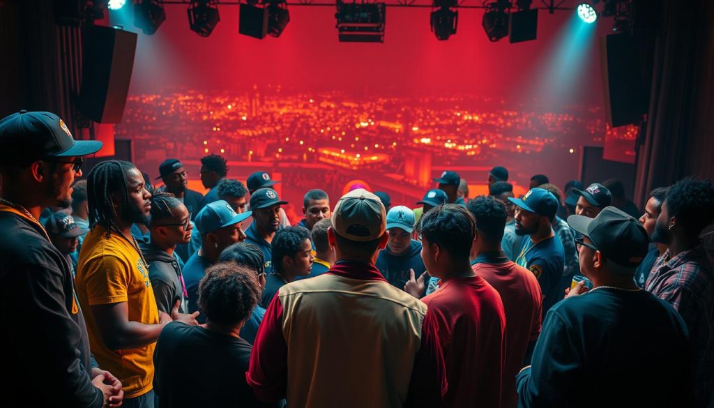 A dynamic and vibrant scene depicting the contemporary French rap music landscape. In the foreground, a diverse group of rappers, producers, and musicians gathered together, engaged in animated discussion and collaboration. The middle ground showcases a stage or performance venue, bathed in warm, saturated lighting that creates a sense of energy and anticipation. In the background, a cityscape or urban environment, hinting at the cultural and societal context that shapes the rap scene. The overall mood is one of creativity, innovation, and a palpable sense of the genre's evolving influence within the French cultural zeitgeist.
