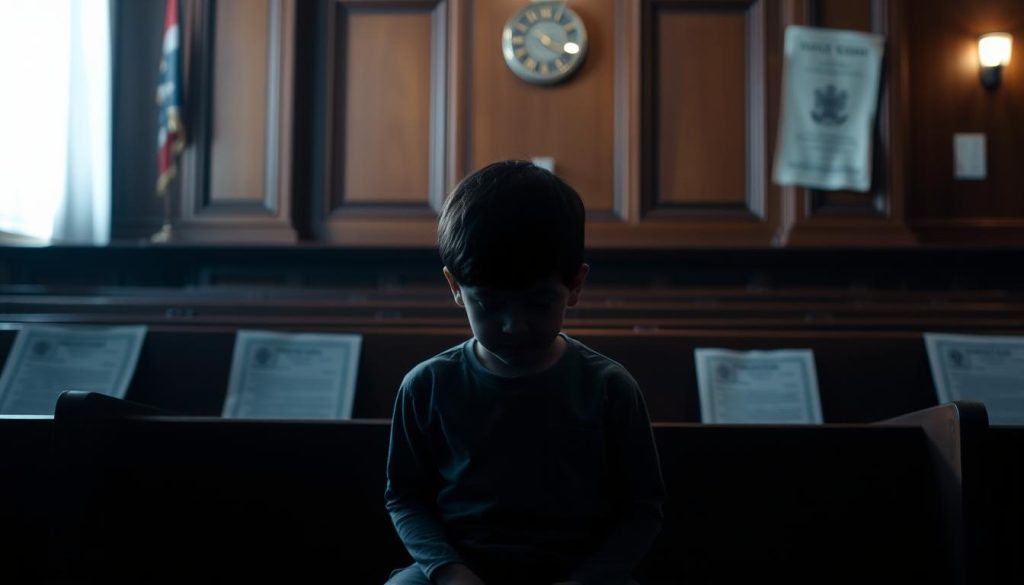 A child sitting alone in a dimly lit courtroom, their small figure casting a somber shadow against the imposing wooden benches. The room is bathed in a soft, diffused light, creating an atmosphere of solemnity and contemplation. The child's face is partially obscured, conveying a sense of vulnerability and unease. The background is blurred, with faint outlines of legal documents and official stamps, hinting at the gravity of the situation. The overall scene evokes a sense of the child's isolation and the weight of the legal proceedings they are caught up in. A child sitting alone in a dimly lit courtroom, their small figure casting a somber shadow against the imposing wooden benches. The room is bathed in a soft, diffused light, creating an atmosphere of solemnity and contemplation. The child's face is partially obscured, conveying a sense of vulnerability and unease. The background is blurred, with faint outlines of legal documents and official stamps, hinting at the gravity of the situation. The overall scene evokes a sense of the child's isolation and the weight of the legal proceedings they are caught up in.