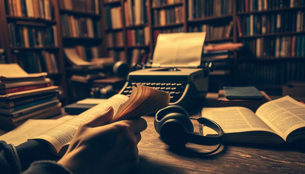 A cozy study filled with books, papers, and a vintage typewriter. In the foreground, a pair of hands caressing a worn paperback, the pages rustling with each turn. The lighting is warm and soft, creating a contemplative atmosphere. In the middle ground, a pair of headphones rests on a desk, the audio waves from a playing track visible. The background features bookshelves lining the walls, their spines a tapestry of literature. The overall scene evokes a sense of deep thought, interpretation, and the interplay between reading and listening as pathways to understanding. A cozy study filled with books, papers, and a vintage typewriter. In the foreground, a pair of hands caressing a worn paperback, the pages rustling with each turn. The lighting is warm and soft, creating a contemplative atmosphere. In the middle ground, a pair of headphones rests on a desk, the audio waves from a playing track visible. The background features bookshelves lining the walls, their spines a tapestry of literature. The overall scene evokes a sense of deep thought, interpretation, and the interplay between reading and listening as pathways to understanding.