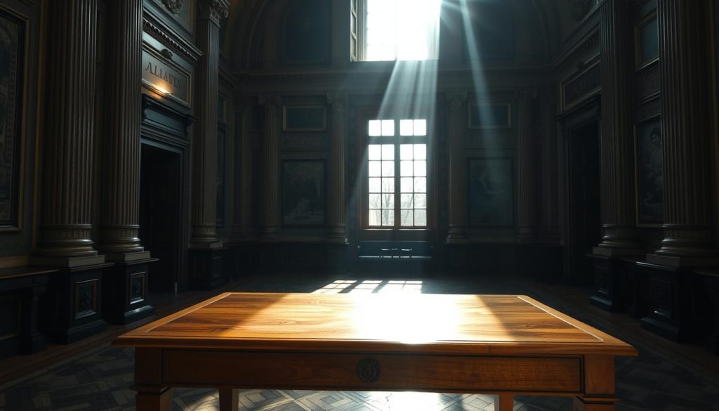 A dimly lit Parisian courthouse interior, with ornate columns and intricate parquet flooring. Sunlight streams through tall windows, casting dramatic shadows across the stately architecture. In the foreground, a polished wooden desk stands, its surface free of any paperwork or clutter, symbolizing the "procédures classées sans suite" - the closed and dismissed cases. The atmosphere is somber, reflective, hinting at the complexities of the legal system. The scene conveys a sense of quiet contemplation, inviting the viewer to ponder the nuances of the topic at hand. A dimly lit Parisian courthouse interior, with ornate columns and intricate parquet flooring. Sunlight streams through tall windows, casting dramatic shadows across the stately architecture. In the foreground, a polished wooden desk stands, its surface free of any paperwork or clutter, symbolizing the "procédures classées sans suite" - the closed and dismissed cases. The atmosphere is somber, reflective, hinting at the complexities of the legal system. The scene conveys a sense of quiet contemplation, inviting the viewer to ponder the nuances of the topic at hand.