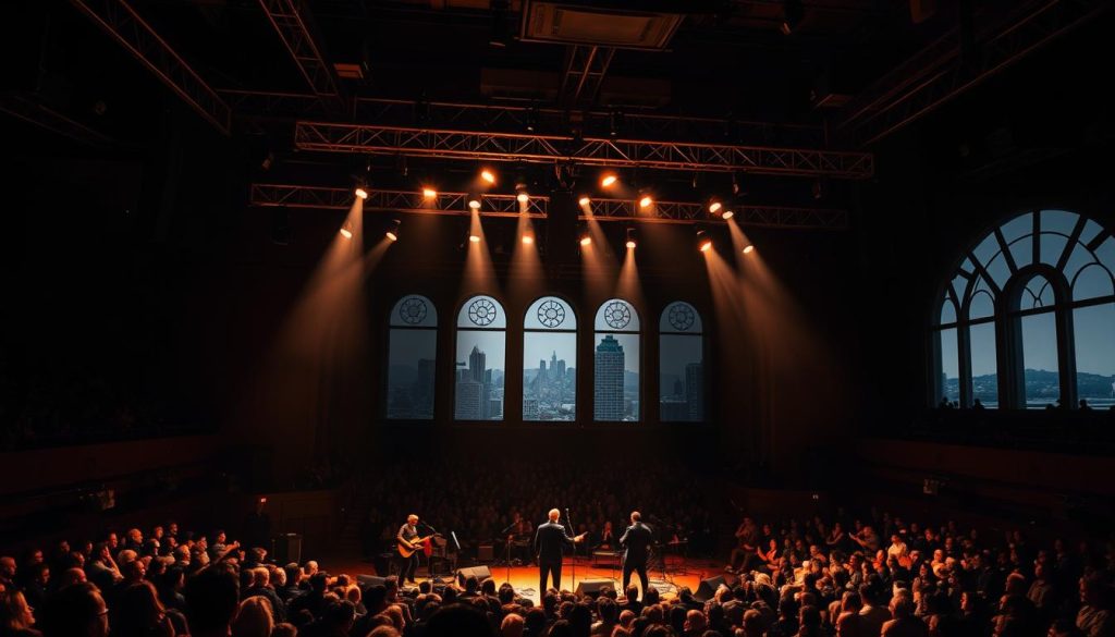 A dimly lit concert hall, the stage illuminated by a warm glow. Performers stand tall, instruments in hand, pouring their emotions into their music. The audience, a sea of faces, captivated by the pulsing rhythm and soaring melodies. Overhead, intricate lighting rigs cast dramatic shadows, creating a sense of depth and drama. The air is charged with anticipation, the energy palpable as the music swells, filling the room. In the background, the city skyline is visible through large, arched windows, a reminder of the world beyond the stage. This is a scene of raw passion and artistic expression, a glimpse into the power of music to transport and transform. A dimly lit concert hall, the stage illuminated by a warm glow. Performers stand tall, instruments in hand, pouring their emotions into their music. The audience, a sea of faces, captivated by the pulsing rhythm and soaring melodies. Overhead, intricate lighting rigs cast dramatic shadows, creating a sense of depth and drama. The air is charged with anticipation, the energy palpable as the music swells, filling the room. In the background, the city skyline is visible through large, arched windows, a reminder of the world beyond the stage. This is a scene of raw passion and artistic expression, a glimpse into the power of music to transport and transform.