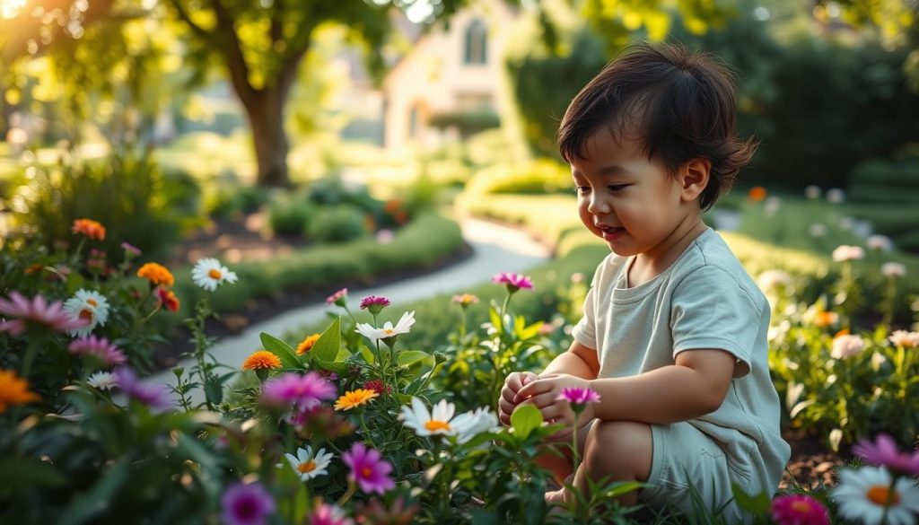A peaceful garden scene, with a young child playing contentedly among the flowers and greenery. Soft, natural lighting filters through the trees, casting a warm glow on the serene setting. The child, dressed in simple, casual clothes, is engaged in a quiet, imaginative activity, their face alight with wonder and curiosity. The background features a well-tended garden, with lush foliage, vibrant blooms, and a meandering path leading the eye inward. The overall atmosphere is one of tranquility, wonder, and the innocent joy of childhood. A peaceful garden scene, with a young child playing contentedly among the flowers and greenery. Soft, natural lighting filters through the trees, casting a warm glow on the serene setting. The child, dressed in simple, casual clothes, is engaged in a quiet, imaginative activity, their face alight with wonder and curiosity. The background features a well-tended garden, with lush foliage, vibrant blooms, and a meandering path leading the eye inward. The overall atmosphere is one of tranquility, wonder, and the innocent joy of childhood.