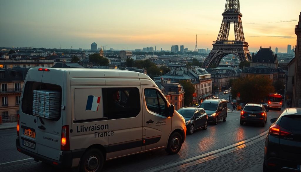 A sprawling French cityscape at dusk, with the iconic Eiffel Tower in the distance. In the foreground, a busy delivery van navigates the bustling streets, its side emblazoned with the "Livraison France" insignia. The van's driver, a stoic-faced Parisian, carefully maneuvers through the congested traffic, packages stacked neatly in the back. The scene is bathed in a warm, golden light, reflecting off the cobblestones and the facades of the quaint Haussmannian buildings. Towering above it all, the Eiffel Tower stands as a testament to the city's history and modernity, its silhouette etched against a dusky, cloudless sky.