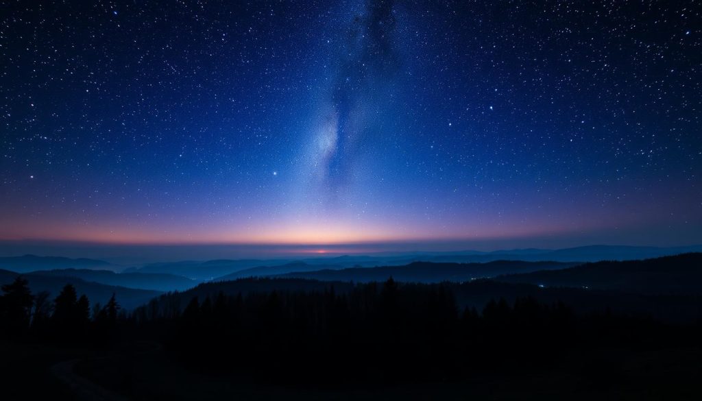 A stunning night sky teeming with wandering stars, their ethereal glow casting a gentle luminescence across a serene landscape. In the foreground, a silhouetted forest of towering trees stands sentinel, their branches reaching up towards the celestial dance above. The middle ground is bathed in a soft, diffused light, with rolling hills and winding paths beckoning the viewer to explore this enchanting world. In the distance, a faint horizon line blends seamlessly with the endless expanse of the heavens, creating a sense of limitless wonder and mystery. This captivating scene is illuminated by a warm, ambient lighting that lends a sense of tranquility and contemplation, inviting the viewer to get lost in the beauty of these "wandering stars".