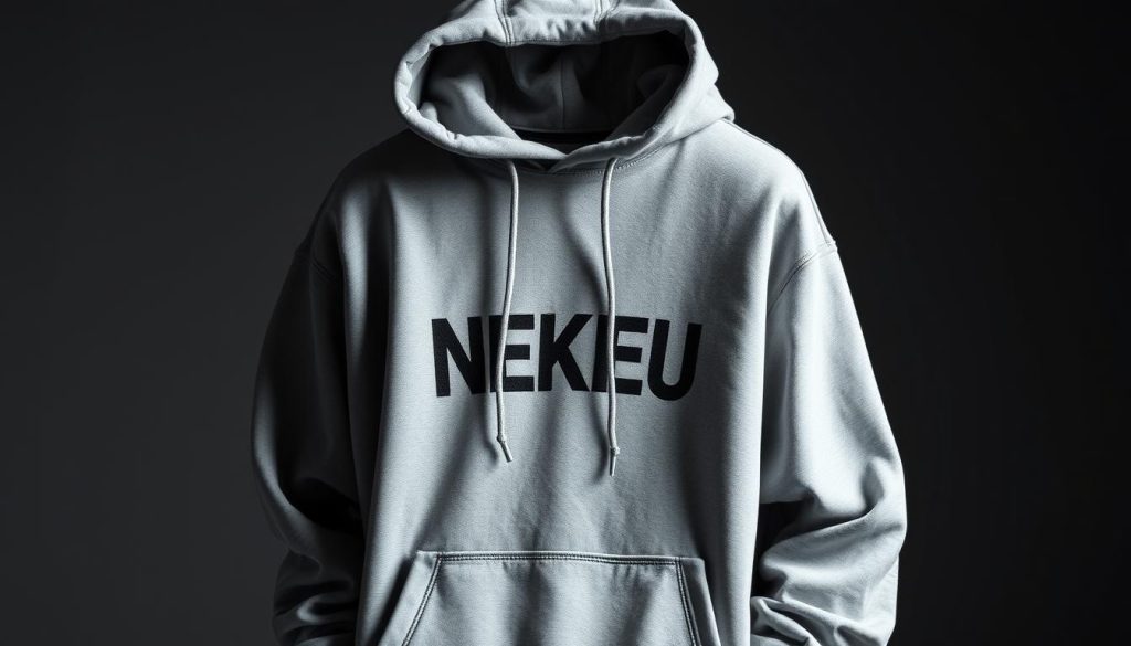 A stylish grey sweatshirt hoodie with a bold, printed design on the front, captured in a well-lit, slightly angled studio shot. The hoodie features a large, adjustable drawstring hood, a kangaroo pocket, and a relaxed, oversized fit. The lighting casts subtle shadows, emphasizing the texture of the soft, high-quality fabric. The image conveys a sense of casual, streetwear-inspired fashion, complementing the section on Nekfeu's merchandise. A stylish grey sweatshirt hoodie with a bold, printed design on the front, captured in a well-lit, slightly angled studio shot. The hoodie features a large, adjustable drawstring hood, a kangaroo pocket, and a relaxed, oversized fit. The lighting casts subtle shadows, emphasizing the texture of the soft, high-quality fabric. The image conveys a sense of casual, streetwear-inspired fashion, complementing the section on Nekfeu's merchandise.