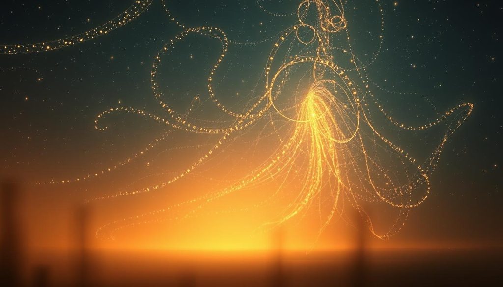 Vibrant streams of ethereal, wandering stars cascade across a vast, dusky sky. In the foreground, a dreamlike, hazy glow illuminates the scene, casting a warm, otherworldly ambiance. The middle ground features a distant, softly-lit horizon, blending seamlessly with the celestial dance above. Intricate, swirling patterns of light and shadow create a sense of movement and depth, drawing the viewer into a captivating, meditative experience. Soft, diffused lighting highlights the delicate, shimmering nature of the "étoiles vagabondes," conveying a sense of mystique and wonder.