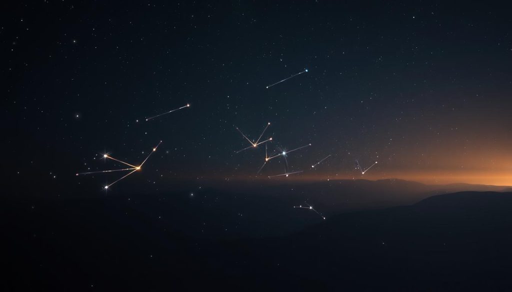 Wandering stars, adrift in the cosmic expanse, cast a soft, ethereal glow. Wisps of ethereal luminescence swirl and dance, illuminating the inky blackness of the night sky. In the foreground, a cluster of celestial bodies twinkle and shimmer, their radiant light spilling across the frame. The middle ground is alive with a dazzling display of celestial motion, as streaks of light weave a tapestry of cosmic energy. In the distant background, a hazy, dreamlike horizon hints at the boundless depth of the universe. Captured with a wide-angle lens and natural, ambient lighting, this image evokes a sense of wonder and the mysteries that lie beyond our earthly realm.