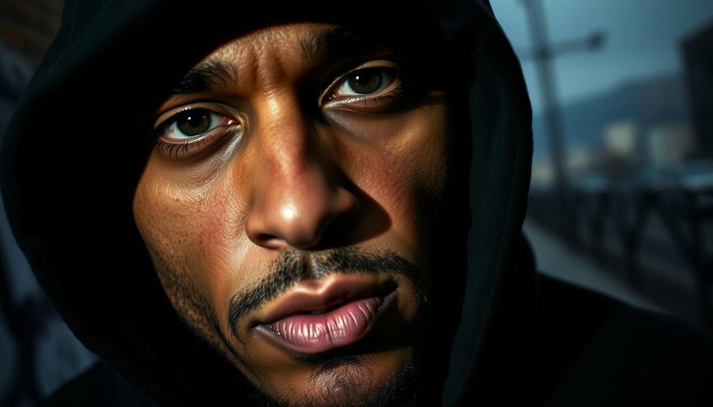 A close-up portrait of a French rapper, their face partially obscured by a black hoodie. The lighting is moody, creating dramatic shadows that highlight the subject's striking features - intense eyes, angular jawline, and a slight smirk. The background is blurred, but suggests an urban setting, with hints of graffiti-covered walls or a cityscape in the distance. The overall mood is one of introspection and quiet confidence, reflecting the foundations of a unique personal style forged through experience and technical mastery. A close-up portrait of a French rapper, their face partially obscured by a black hoodie. The lighting is moody, creating dramatic shadows that highlight the subject's striking features - intense eyes, angular jawline, and a slight smirk. The background is blurred, but suggests an urban setting, with hints of graffiti-covered walls or a cityscape in the distance. The overall mood is one of introspection and quiet confidence, reflecting the foundations of a unique personal style forged through experience and technical mastery.