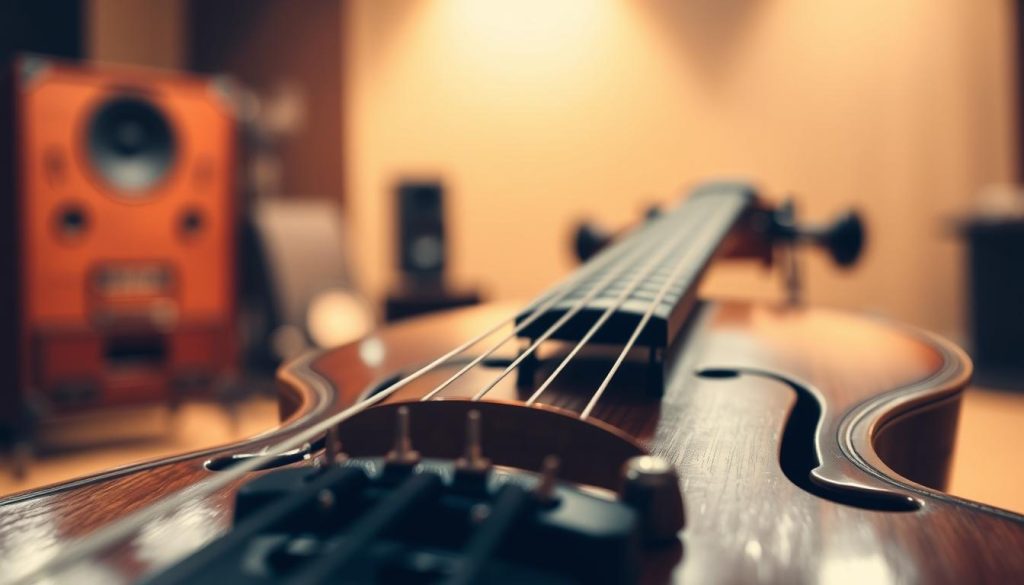 A detailed and meticulously crafted image of an "instrumentale" against a blurred backdrop. The foreground showcases the musical instrument in high resolution, with intricate details of its strings, body, and hardware. Warm, ambient lighting bathes the scene, casting subtle shadows and highlights that accentuate the instrument's textures and craftsmanship. The middle ground is a soft, out-of-focus environment, hinting at a recording studio or performance space. The background is a muted, atmospheric setting that creates a sense of depth and context, without distracting from the central focus. The overall mood is one of contemplation and artistic focus, reflecting the theme of the section title "Samples identifiés, effets et origines: la courte liste qui fait la différence". A detailed and meticulously crafted image of an "instrumentale" against a blurred backdrop. The foreground showcases the musical instrument in high resolution, with intricate details of its strings, body, and hardware. Warm, ambient lighting bathes the scene, casting subtle shadows and highlights that accentuate the instrument's textures and craftsmanship. The middle ground is a soft, out-of-focus environment, hinting at a recording studio or performance space. The background is a muted, atmospheric setting that creates a sense of depth and context, without distracting from the central focus. The overall mood is one of contemplation and artistic focus, reflecting the theme of the section title "Samples identifiés, effets et origines: la courte liste qui fait la différence".