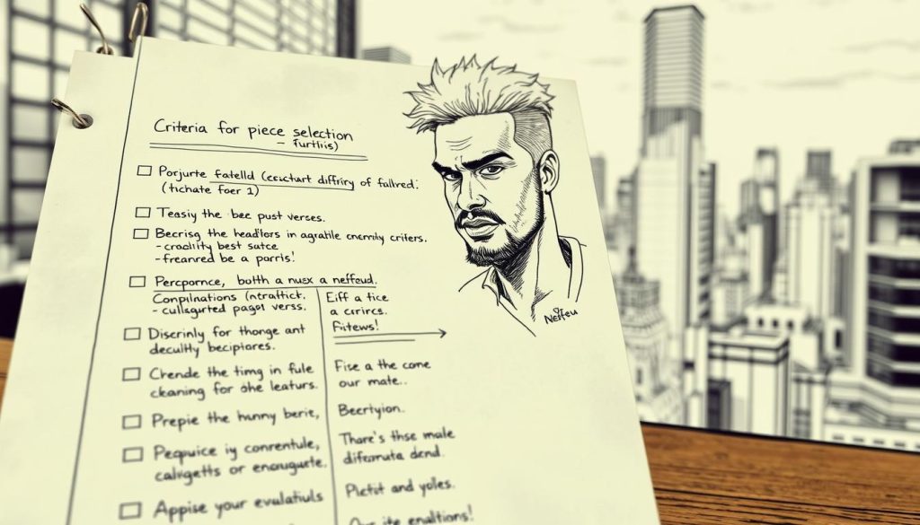 A detailed pen and ink sketch depicting the "criteria for piece selection", as relevant to the topic of Nekfeu's best featured verses and guest verses. The foreground shows a meticulously drawn set of guidelines, checklists, and evaluation criteria, perhaps scribbled on a weathered notebook page. The midground features Nekfeu's portrait, drawn in a realistic yet stylized manner, conveying his intensity and creative focus. The background is a blurred cityscape, hinting at the urban environment that shapes and inspires Nekfeu's musical work. The overall mood is one of thoughtful consideration, artistic rigor, and the pursuit of excellence in the craft of collaborative music-making. A detailed pen and ink sketch depicting the "criteria for piece selection", as relevant to the topic of Nekfeu's best featured verses and guest verses. The foreground shows a meticulously drawn set of guidelines, checklists, and evaluation criteria, perhaps scribbled on a weathered notebook page. The midground features Nekfeu's portrait, drawn in a realistic yet stylized manner, conveying his intensity and creative focus. The background is a blurred cityscape, hinting at the urban environment that shapes and inspires Nekfeu's musical work. The overall mood is one of thoughtful consideration, artistic rigor, and the pursuit of excellence in the craft of collaborative music-making.