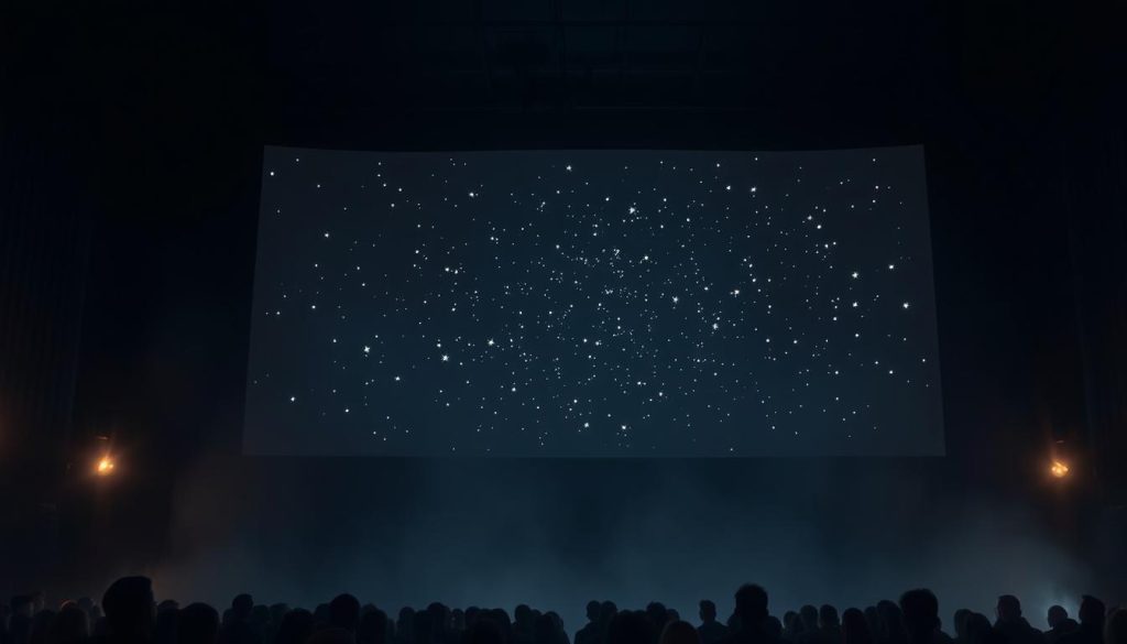 A dimly lit cinema auditorium, the screen fluttering with a dreamlike sequence of wandering stars. Soft, muted lighting casts a warm glow across the scene, creating an intimate, atmospheric ambiance. In the foreground, the silhouettes of spectators watching intently, their faces illuminated by the flickering display. The middle ground is dominated by the shimmering, ethereal stars, dancing and swirling across the screen, casting a mesmerizing spell. The background fades into a hazy, indistinct void, allowing the celestial performance to take center stage. An avant-garde, immersive cinematic experience that captivates the senses and sparks the imagination. A dimly lit cinema auditorium, the screen fluttering with a dreamlike sequence of wandering stars. Soft, muted lighting casts a warm glow across the scene, creating an intimate, atmospheric ambiance. In the foreground, the silhouettes of spectators watching intently, their faces illuminated by the flickering display. The middle ground is dominated by the shimmering, ethereal stars, dancing and swirling across the screen, casting a mesmerizing spell. The background fades into a hazy, indistinct void, allowing the celestial performance to take center stage. An avant-garde, immersive cinematic experience that captivates the senses and sparks the imagination.