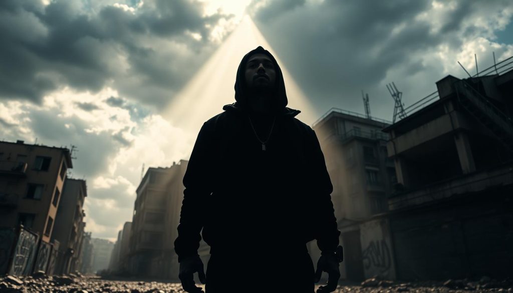 A dramatic, high-impact scene of a French rapper standing tall, casting a long shadow that stretches across a gritty urban landscape. Dramatic chiaroscuro lighting illuminates their face, casting sharp contrasts and deep shadows that convey a sense of power, presence and influence. The background is a cityscape of crumbling buildings, graffiti-covered walls, and a moody, atmospheric sky, suggesting the rapper's impact on the French hip-hop scene. The composition is dynamic, with the rapper occupying the central foreground, their silhouette commanding attention. The overall mood is one of artistic vision, social commentary and cultural significance. A dramatic, high-impact scene of a French rapper standing tall, casting a long shadow that stretches across a gritty urban landscape. Dramatic chiaroscuro lighting illuminates their face, casting sharp contrasts and deep shadows that convey a sense of power, presence and influence. The background is a cityscape of crumbling buildings, graffiti-covered walls, and a moody, atmospheric sky, suggesting the rapper's impact on the French hip-hop scene. The composition is dynamic, with the rapper occupying the central foreground, their silhouette commanding attention. The overall mood is one of artistic vision, social commentary and cultural significance.