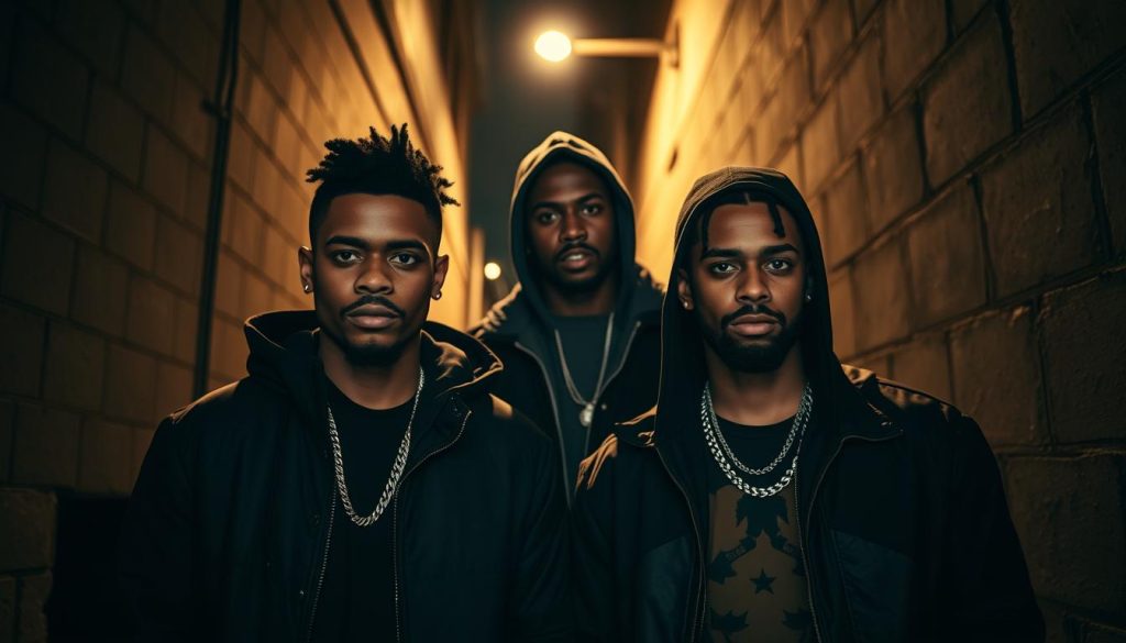 A dynamic duo of two French rappers, Némir and Alpha, standing side-by-side in a dimly lit alleyway. Sneazzy, their frequent collaborator, stands behind them, partially obscured in the shadows. The three artists exude an aura of grit and determination, their facial expressions conveying the passion and energy of their performances. Dramatic lighting casts dramatic shadows, accentuating their distinct styles and commanding presences. The scene is captured with a cinematic wide-angle lens, creating a sense of scale and immersion, as if the viewer is there with them in that moment. A dynamic duo of two French rappers, Némir and Alpha, standing side-by-side in a dimly lit alleyway. Sneazzy, their frequent collaborator, stands behind them, partially obscured in the shadows. The three artists exude an aura of grit and determination, their facial expressions conveying the passion and energy of their performances. Dramatic lighting casts dramatic shadows, accentuating their distinct styles and commanding presences. The scene is captured with a cinematic wide-angle lens, creating a sense of scale and immersion, as if the viewer is there with them in that moment.