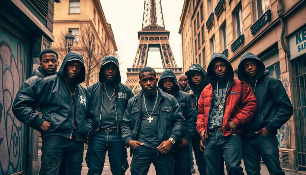 A gritty, urban street scene in Paris, capturing the essence of French rap music. In the foreground, a group of diverse rappers stand confidently, their expressions intense and their body language conveying the raw energy of their art form. The middle ground features a mural-covered wall, a nod to the vibrant graffiti culture that has long been intertwined with the roots of French rap. In the background, the iconic Eiffel Tower rises, a symbol of French identity and the global reach of this musical genre. The scene is illuminated by a warm, golden light, creating a moody and atmospheric tone that reflects the soulful, rebellious spirit of the French rap scene. A gritty, urban street scene in Paris, capturing the essence of French rap music. In the foreground, a group of diverse rappers stand confidently, their expressions intense and their body language conveying the raw energy of their art form. The middle ground features a mural-covered wall, a nod to the vibrant graffiti culture that has long been intertwined with the roots of French rap. In the background, the iconic Eiffel Tower rises, a symbol of French identity and the global reach of this musical genre. The scene is illuminated by a warm, golden light, creating a moody and atmospheric tone that reflects the soulful, rebellious spirit of the French rap scene.