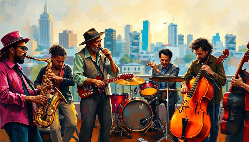 A lively scene of musical collaboration, with artists from diverse genres intertwined in a dynamic creative exchange. Vibrant colors and energetic brushstrokes depict a jam session, instruments seamlessly blending together as the musicians feed off each other's energy. The middle ground showcases a range of musical styles, from the soulful tones of a saxophone to the rhythmic pulse of a drum kit. The background features a blurred cityscape, hinting at the urban creative landscape that nurtures these artistic intersections. Warm, intimate lighting casts a glow over the scene, evoking a sense of camaraderie and artistic synergy. A lively scene of musical collaboration, with artists from diverse genres intertwined in a dynamic creative exchange. Vibrant colors and energetic brushstrokes depict a jam session, instruments seamlessly blending together as the musicians feed off each other's energy. The middle ground showcases a range of musical styles, from the soulful tones of a saxophone to the rhythmic pulse of a drum kit. The background features a blurred cityscape, hinting at the urban creative landscape that nurtures these artistic intersections. Warm, intimate lighting casts a glow over the scene, evoking a sense of camaraderie and artistic synergy.