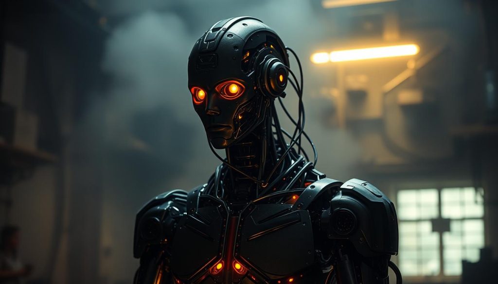 A mechanized hybrid figure, part human, part machine, stands in a dimly lit, industrial setting. The cyborg's metallic frame is illuminated by a warm, ambient glow, casting intricate shadows across its form. The creature's face is a blend of organic and synthetic features, with glowing eyes and a stoic expression that conveys a sense of contemplation. In the background, a hazy, smoke-filled environment suggests a laboratory or workshop, hinting at the technological processes that birthed this enigmatic being. The composition emphasizes the interplay between the natural and the artificial, the organic and the mechanical, reflecting the merging of sound, writing, and technical innovation. A mechanized hybrid figure, part human, part machine, stands in a dimly lit, industrial setting. The cyborg's metallic frame is illuminated by a warm, ambient glow, casting intricate shadows across its form. The creature's face is a blend of organic and synthetic features, with glowing eyes and a stoic expression that conveys a sense of contemplation. In the background, a hazy, smoke-filled environment suggests a laboratory or workshop, hinting at the technological processes that birthed this enigmatic being. The composition emphasizes the interplay between the natural and the artificial, the organic and the mechanical, reflecting the merging of sound, writing, and technical innovation.