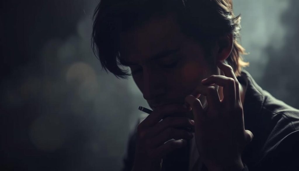 A moody, atmospheric portrait of a pensive musician, their face half-obscured by shadows, capturing the essence of "style, écriture et identité sonore". The subject's hands are gracefully poised, perhaps holding a pen or instrument, conveying their creative process. The background is a hazy, dreamlike blur of muted colors, evoking the contemplative, introspective nature of the scene. Dramatic chiaroscuro lighting casts dramatic shadows, accentuating the subject's features and sense of introspection. The overall mood is one of quiet intensity and artistic focus, reflecting the section's theme of musical influences and personal style. A moody, atmospheric portrait of a pensive musician, their face half-obscured by shadows, capturing the essence of "style, écriture et identité sonore". The subject's hands are gracefully poised, perhaps holding a pen or instrument, conveying their creative process. The background is a hazy, dreamlike blur of muted colors, evoking the contemplative, introspective nature of the scene. Dramatic chiaroscuro lighting casts dramatic shadows, accentuating the subject's features and sense of introspection. The overall mood is one of quiet intensity and artistic focus, reflecting the section's theme of musical influences and personal style.