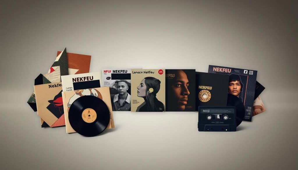 A stylized collage depicting the album artwork and discography of the French rapper Nekfeu. In the foreground, a series of fragmented record covers and cassettes arranged in a dynamic, overlapping composition, each featuring abstract patterns, bold typography, and muted color palettes. The middle ground showcases a triptych of album covers, presented in a slightly elevated perspective to suggest depth and dimensionality. In the background, a subtle, atmospheric gradient provides a cohesive and harmonious backdrop, evoking the moody and introspective essence of Nekfeu's musical output. The overall aesthetic is a balance of minimalism and visual complexity, conveying the essence of "méthodo morceaux discographie" as a representation of Nekfeu's influential and multifaceted discography. A stylized collage depicting the album artwork and discography of the French rapper Nekfeu. In the foreground, a series of fragmented record covers and cassettes arranged in a dynamic, overlapping composition, each featuring abstract patterns, bold typography, and muted color palettes. The middle ground showcases a triptych of album covers, presented in a slightly elevated perspective to suggest depth and dimensionality. In the background, a subtle, atmospheric gradient provides a cohesive and harmonious backdrop, evoking the moody and introspective essence of Nekfeu's musical output. The overall aesthetic is a balance of minimalism and visual complexity, conveying the essence of "méthodo morceaux discographie" as a representation of Nekfeu's influential and multifaceted discography.