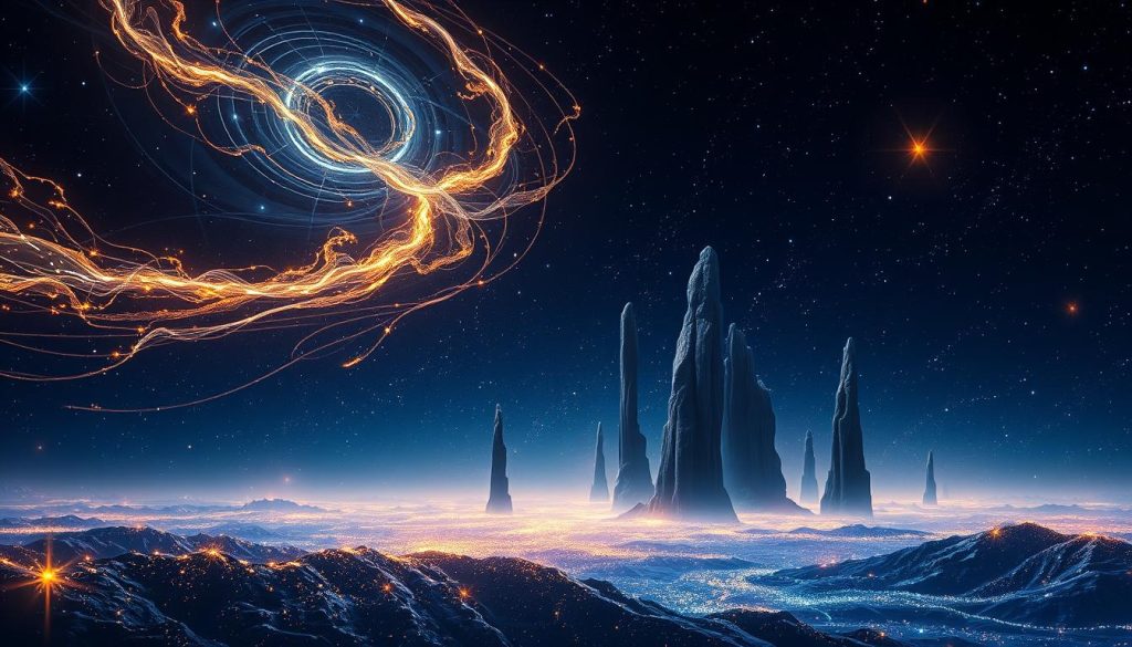 A vast, cosmic expanse of swirling, luminous étoiles vagabondes (wandering stars) against a deep, indigo sky. In the foreground, celestial bodies in shimmering hues of gold, azure, and violet dance across the canvas, their trails of light and energy blurring the boundaries between physical and ethereal realms. The middle ground features towering, amorphous forms in shades of midnight blue, their shapes seemingly shifting and expanding, hinting at the boundless potential and creative force of this otherworldly phenomenon. The background is a tapestry of distant, twinkling stars, creating a sense of infinite depth and the vastness of the universe. Lighting is dramatic, with a warm, almost ethereal glow suffusing the scene, evoking a sense of wonder and the sublime. The overall mood is one of mysticism, dynamism, and the boundless expanse of the cosmos. A vast, cosmic expanse of swirling, luminous étoiles vagabondes (wandering stars) against a deep, indigo sky. In the foreground, celestial bodies in shimmering hues of gold, azure, and violet dance across the canvas, their trails of light and energy blurring the boundaries between physical and ethereal realms. The middle ground features towering, amorphous forms in shades of midnight blue, their shapes seemingly shifting and expanding, hinting at the boundless potential and creative force of this otherworldly phenomenon. The background is a tapestry of distant, twinkling stars, creating a sense of infinite depth and the vastness of the universe. Lighting is dramatic, with a warm, almost ethereal glow suffusing the scene, evoking a sense of wonder and the sublime. The overall mood is one of mysticism, dynamism, and the boundless expanse of the cosmos.