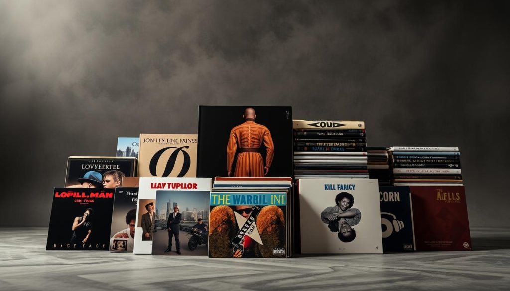 A visually striking album cover featuring a collection of iconic musical collaborations. In the foreground, a carefully curated selection of album covers representing the artist's most emblematic featured appearances, arranged in a dynamic collage. The middle ground showcases the artist's own discography, the album covers stacked and overlapping to create a sense of depth and interconnectedness. The background is a moody, atmospheric gradient, adding a sense of drama and sophistication. Subtle lighting and a wide-angle lens capture the full breadth of the artist's musical journey, while a clean, minimalist design aesthetic ensures the focus remains on the music itself.