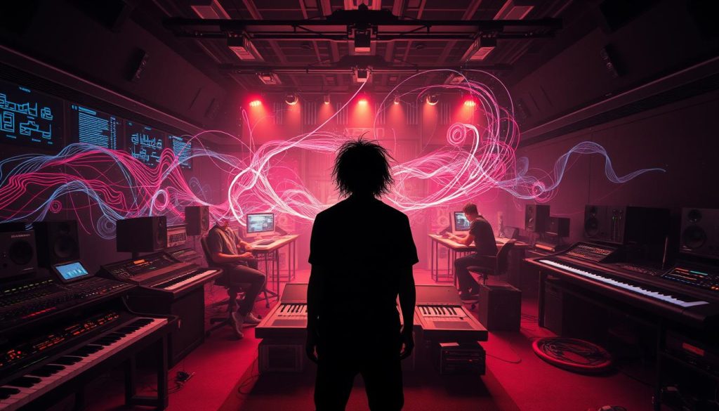 An avant-garde musical identity, with layered textures and bold, experimental sounds. A dynamic, futuristic landscape of synthesizers, drum machines, and digital instrumentation, bathed in moody, atmospheric lighting. The foreground features a striking, stylized figure - perhaps a producer, musician, or artist - surrounded by a whirlwind of audio visualizations, pulsing rhythms, and swirling, ethereal effects. The middle ground reveals a behind-the-scenes creative team, their faces obscured, collaborating intently on intricate sound design. In the background, a sleek, minimalist studio environment, with cutting-edge hardware and software tools. An immersive, evocative depiction of the sonic architecture and creative process that shapes the distinctive sound of Nekfeu. An avant-garde musical identity, with layered textures and bold, experimental sounds. A dynamic, futuristic landscape of synthesizers, drum machines, and digital instrumentation, bathed in moody, atmospheric lighting. The foreground features a striking, stylized figure - perhaps a producer, musician, or artist - surrounded by a whirlwind of audio visualizations, pulsing rhythms, and swirling, ethereal effects. The middle ground reveals a behind-the-scenes creative team, their faces obscured, collaborating intently on intricate sound design. In the background, a sleek, minimalist studio environment, with cutting-edge hardware and software tools. An immersive, evocative depiction of the sonic architecture and creative process that shapes the distinctive sound of Nekfeu.