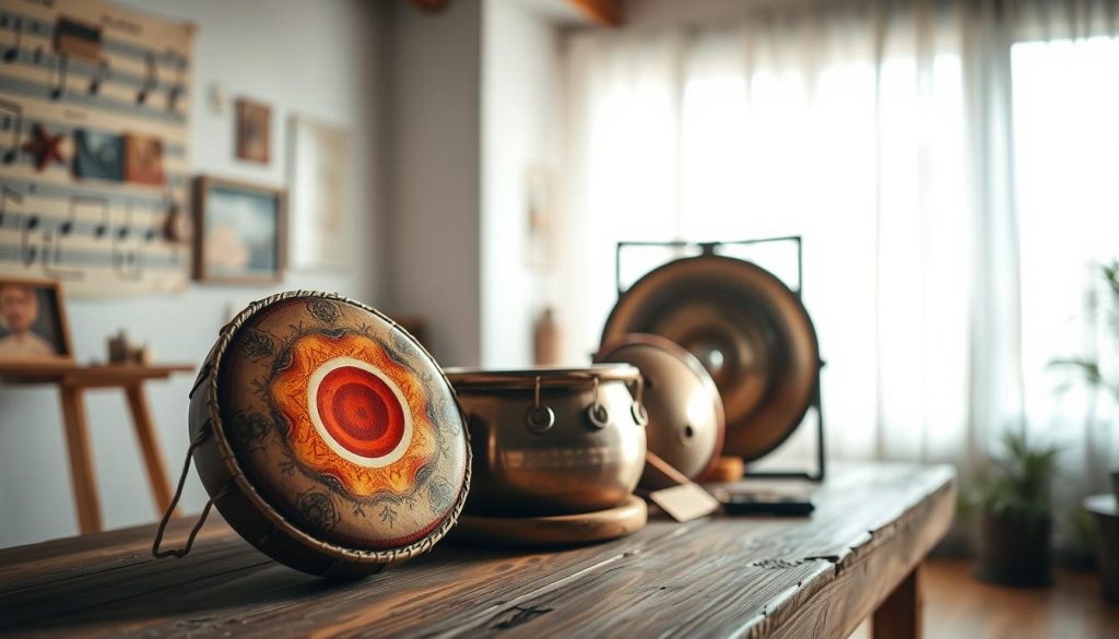 A beautifully arranged display of various musical instruments, including a tongue drum, handpan, and steel drum, set on a rustic wooden table. The foreground features the tongue drum prominently, showcasing its intricate designs and vibrant colors. In the middle ground, the handpan and steel drum are positioned, highlighting their unique shapes and textures. Soft natural light filters through a nearby window, creating a warm and inviting atmosphere. The background displays a blurred, softly lit room with musical notes and artwork on the walls, enhancing the artistic vibe. The mood is serene and contemplative, evoking a sense of connection to music and culture. The scene should be captured at a slight overhead angle to emphasize the instruments’ details, without any text or distractions.