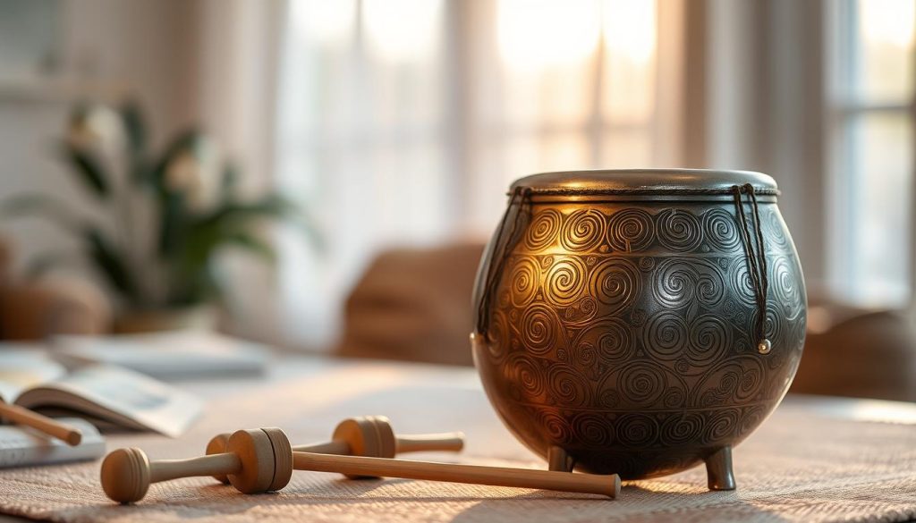 A beautifully crafted tongue drum displayed prominently in the foreground, made from a mix of steel and alloys with a captivating finish that glimmers under soft, warm light. The drum showcases intricate designs engraved on its surface, emphasizing the craftsmanship and material quality. In the middle ground, a few mallets made from natural wood lie beside the drum, hinting at their use. The background is a blurred, cozy indoor setting with soft lighting, perhaps a window with sheer curtains letting in gentle sunlight, creating an inviting atmosphere. The overall mood exudes a sense of warmth and inspiration, highlighting the essence of the tongue drum and its manufacturing materials. A beautifully crafted tongue drum displayed prominently in the foreground, made from a mix of steel and alloys with a captivating finish that glimmers under soft, warm light. The drum showcases intricate designs engraved on its surface, emphasizing the craftsmanship and material quality. In the middle ground, a few mallets made from natural wood lie beside the drum, hinting at their use. The background is a blurred, cozy indoor setting with soft lighting, perhaps a window with sheer curtains letting in gentle sunlight, creating an inviting atmosphere. The overall mood exudes a sense of warmth and inspiration, highlighting the essence of the tongue drum and its manufacturing materials.