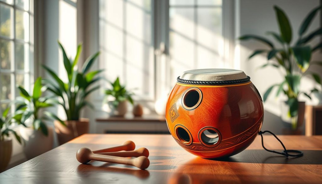 A beautifully crafted tongue drum resting on a wooden table, showcasing its unique tongue-shaped sound holes and vibrant colors. The foreground features the drum with intricate patterns and polished surfaces, reflecting light beautifully. To the side, a pair of mallets is placed ready for play. In the middle ground, a serene room with soft, natural light streaming through a large window cast gentle shadows, creating a tranquil atmosphere. The background displays lush indoor plants and calming decor, emphasizing the instrument's connection to relaxation and meditation. The overall mood is peaceful and inviting, suggesting harmony and a deep appreciation for music. A beautifully crafted tongue drum resting on a wooden table, showcasing its unique tongue-shaped sound holes and vibrant colors. The foreground features the drum with intricate patterns and polished surfaces, reflecting light beautifully. To the side, a pair of mallets is placed ready for play. In the middle ground, a serene room with soft, natural light streaming through a large window cast gentle shadows, creating a tranquil atmosphere. The background displays lush indoor plants and calming decor, emphasizing the instrument's connection to relaxation and meditation. The overall mood is peaceful and inviting, suggesting harmony and a deep appreciation for music.