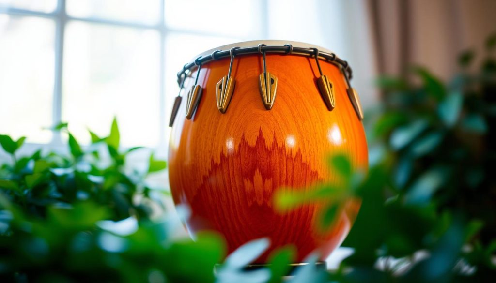 A beautifully crafted tongue drum, showcasing its unique design with several intricately cut tongues and a vibrant finish, sits prominently in the foreground. The drum, made of polished wood, reflects warm amber hues, capturing the light softly. Surrounding the drum is a serene setting with lush greenery blurred in the middle ground, emphasizing the natural origins of the instrument. In the background, a soft, diffused light streams through a window, creating a gentle atmosphere that invites calmness and reflection. The scene is captured using a slightly angled perspective to highlight the drum's curves and craftsmanship, with a shallow depth of field that gently blurs the surroundings. The overall mood is peaceful and contemplative, evoking a sense of connection to music and heritage.