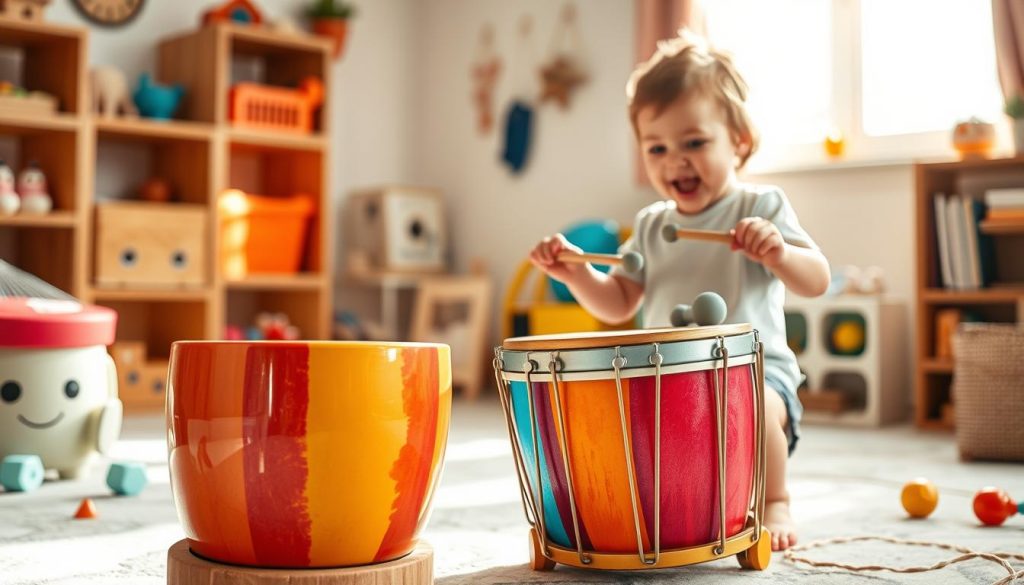 A brightly colored tongue drum designed for children, featuring multiple vibrant tones, sits prominently in the foreground. The drum is made of metal with eye-catching patterns and a playful, child-friendly design. In the middle ground, a child wearing casual clothing, like a t-shirt and shorts, enthusiastically plays the drum with mallets, their expression reflecting joy and curiosity. The background showcases a cozy, sunlit room with soft, natural light filtering through a window, illuminating toys and books that enhance the nurturing environment. The atmosphere is warm and inviting, evoking a sense of wonder and creativity, inviting children to explore music and rhythm. A brightly colored tongue drum designed for children, featuring multiple vibrant tones, sits prominently in the foreground. The drum is made of metal with eye-catching patterns and a playful, child-friendly design. In the middle ground, a child wearing casual clothing, like a t-shirt and shorts, enthusiastically plays the drum with mallets, their expression reflecting joy and curiosity. The background showcases a cozy, sunlit room with soft, natural light filtering through a window, illuminating toys and books that enhance the nurturing environment. The atmosphere is warm and inviting, evoking a sense of wonder and creativity, inviting children to explore music and rhythm.