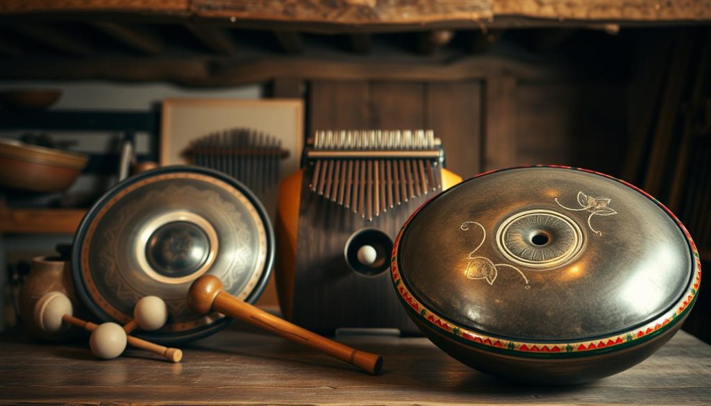 A collection of ancient percussion instruments that inspired the tongue drum, arranged harmoniously on a wooden table. Foreground features a beautifully crafted handpan with intricate designs, glistening under warm, soft lighting. To the left, a traditional steel tongue drum, showcasing its colorful edges, with an accompanying set of mallets resting nearby. In the middle, there's a wooden kalimba, its tines catching the light, representing the historical roots of percussion. Background includes subtle hints of a rustic, dimly lit workshop with aged wooden beams, setting a cozy and introspective atmosphere. The scene is photographed from a slightly elevated angle, creating depth and inviting the viewer to appreciate the craftsmanship of these ancestral instruments.