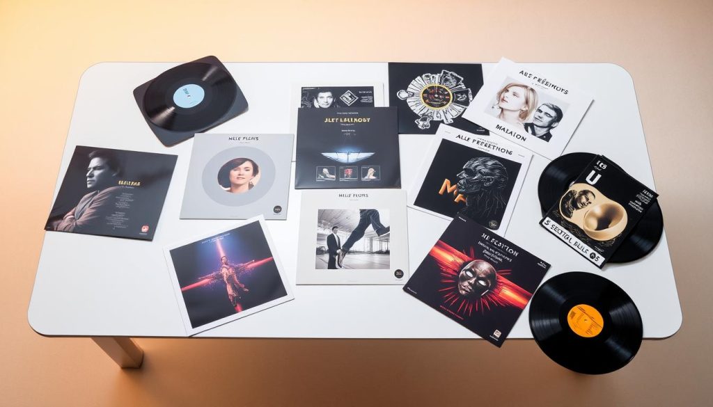 A collection of vinyl album covers laid out on a sleek, minimalist table, with a soft, warm lighting illuminating the covers from above. The albums are arranged in a visually-appealing, symmetrical pattern, showcasing the distinct designs and artwork of various "rééditions" or reissued editions. The table surface reflects the albums, creating a sense of depth and sophistication. The background is a subtle, neutral tone that allows the albums to take center stage, highlighting their visual appeal and the care taken in their remastering and packaging. The overall mood is one of reverence and appreciation for the musical legacy being presented. A collection of vinyl album covers laid out on a sleek, minimalist table, with a soft, warm lighting illuminating the covers from above. The albums are arranged in a visually-appealing, symmetrical pattern, showcasing the distinct designs and artwork of various "rééditions" or reissued editions. The table surface reflects the albums, creating a sense of depth and sophistication. The background is a subtle, neutral tone that allows the albums to take center stage, highlighting their visual appeal and the care taken in their remastering and packaging. The overall mood is one of reverence and appreciation for the musical legacy being presented.