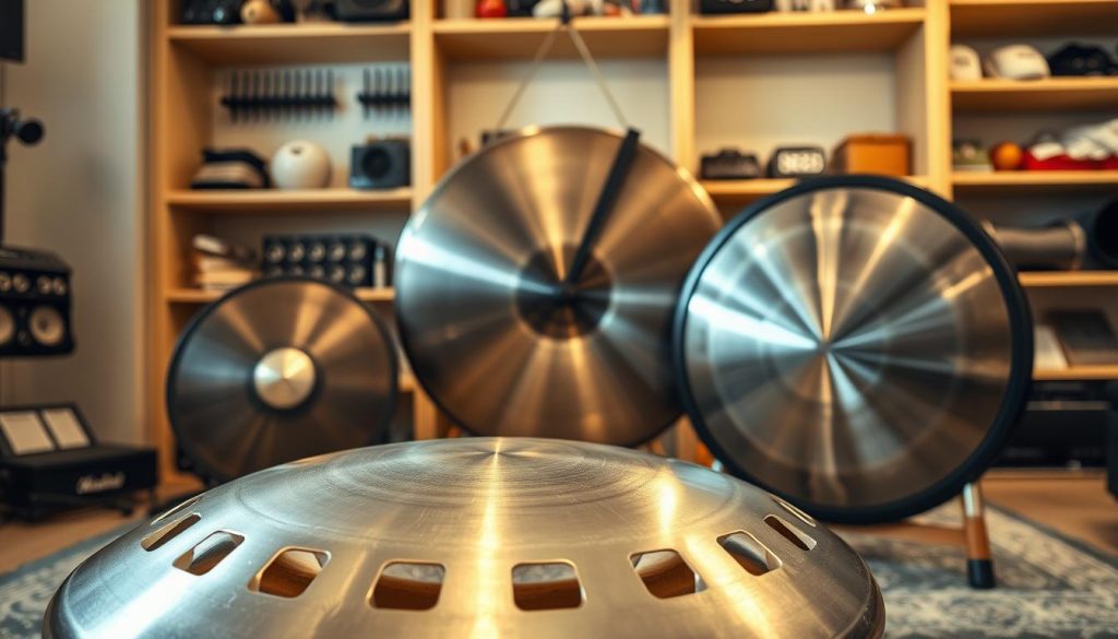 A detailed comparison of a steel tongue drum, Hang, and handpan, artistically arranged in a music studio setting. In the foreground, prominently display the steel tongue drum with its distinctive cut tongues and smooth metal surface, reflecting light. To its right, position the Hang, showcasing its rounded, dome-like shape and unique tonal features. On the left, place the handpan, emphasizing its deep, resonant sound and polished finish. The middle ground should feature soft, warm lighting to enhance the metallic hues of each instrument, creating an inviting atmosphere. In the background, blur out shelves filled with various musical accessories, emphasizing the instruments as the focal point. Capture the scene from a slightly elevated angle to provide a clear view of all three instruments while maintaining a harmonious composition.