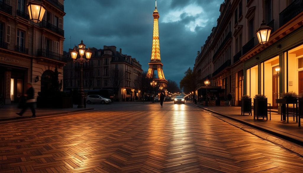 A dimly lit Parisian street, the soft glow of streetlamps illuminating the intricate parquet flooring underfoot. The pattern of the wood creates a visually captivating foreground, drawing the eye towards the middle ground where elegant Haussmannian architecture stands, its facades adorned with ornate details. In the background, the iconic Eiffel Tower rises, its silhouette silhouetted against a moody, overcast sky. The overall atmosphere evokes a sense of timeless Parisian charm and sophistication, perfectly capturing the essence of the topic at hand.