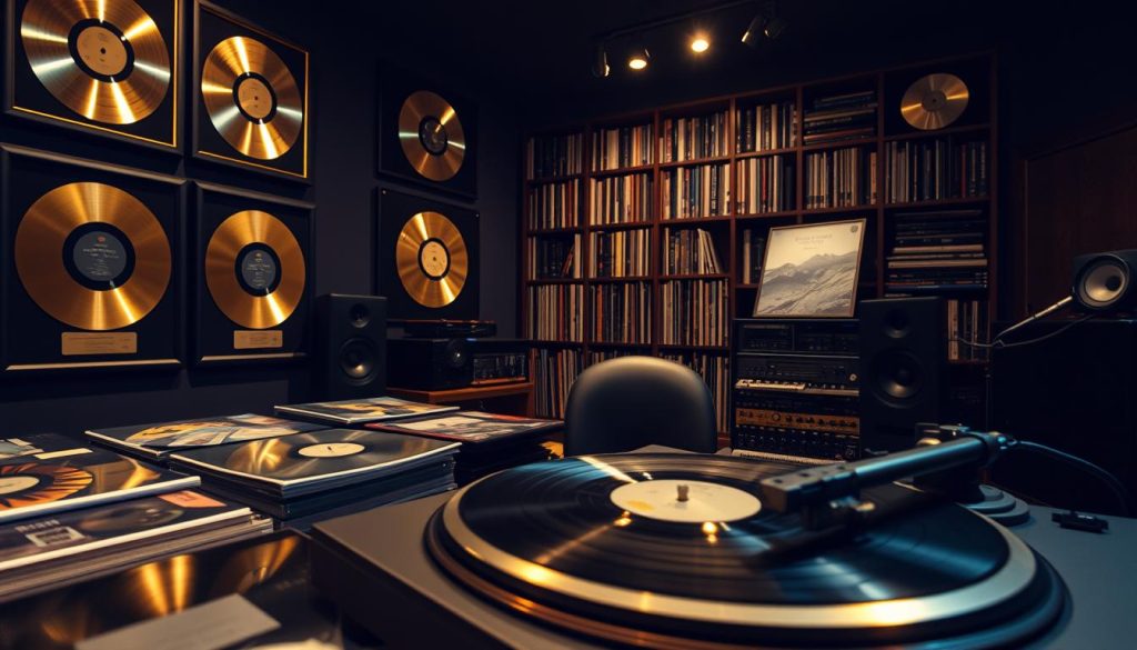 A dimly lit recording studio, the walls adorned with gold-framed platinum records. In the foreground, a collection of vinyl singles, their iconic album covers reflecting the spotlights above. The middle ground features a sleek turntable, the stylus gently caressing the grooves, filling the room with the warm, analog sound that defined an era. In the background, a towering bookshelf showcases an impressive discography, a testament to the artist's prolific and influential career. The atmosphere is one of reverence and nostalgia, a celebration of the timeless power of music and its ability to captivate and inspire. A dimly lit recording studio, the walls adorned with gold-framed platinum records. In the foreground, a collection of vinyl singles, their iconic album covers reflecting the spotlights above. The middle ground features a sleek turntable, the stylus gently caressing the grooves, filling the room with the warm, analog sound that defined an era. In the background, a towering bookshelf showcases an impressive discography, a testament to the artist's prolific and influential career. The atmosphere is one of reverence and nostalgia, a celebration of the timeless power of music and its ability to captivate and inspire.