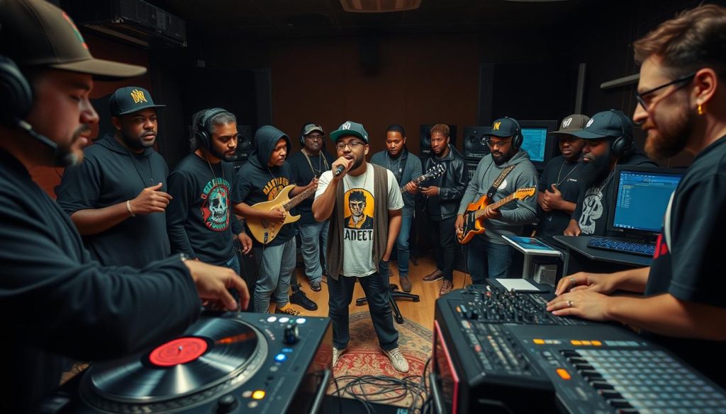 A diverse group of musicians, rappers, and artists gather in a dimly lit recording studio, their faces lit by the glow of mixing boards and LED lights. In the foreground, a DJ spins vinyl on a turntable, while a lyricist in the middle ground raps into a microphone, surrounded by a band providing a driving rhythm section. In the background, producers and engineers huddle over computer screens, fine-tuning the soundscape. The atmosphere is one of creative energy and collaboration, capturing the essence of the "groupe" dynamic that has defined the careers of Nekfeu and his various musical collectives. A diverse group of musicians, rappers, and artists gather in a dimly lit recording studio, their faces lit by the glow of mixing boards and LED lights. In the foreground, a DJ spins vinyl on a turntable, while a lyricist in the middle ground raps into a microphone, surrounded by a band providing a driving rhythm section. In the background, producers and engineers huddle over computer screens, fine-tuning the soundscape. The atmosphere is one of creative energy and collaboration, capturing the essence of the "groupe" dynamic that has defined the careers of Nekfeu and his various musical collectives.