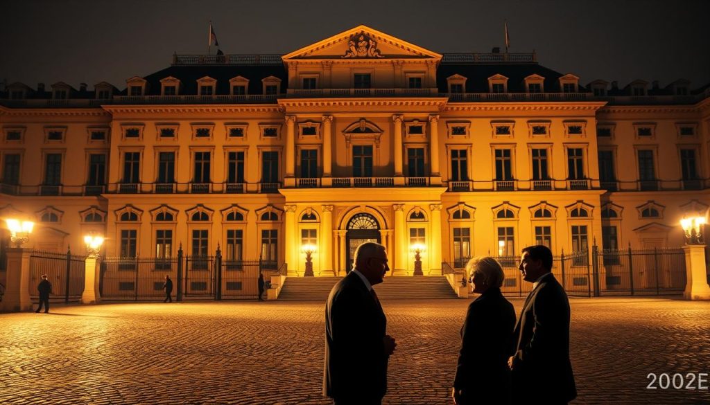 A grand, imposing building with a neoclassical facade stands tall, its ornate details and symmetrical design exuding an air of authority. This is Matignon, the official residence and office of the Prime Minister of France, illuminated by warm, golden lighting that casts long shadows across the cobblestone courtyard. In the foreground, two figures engaged in deep discussion, their body language and expressions conveying a sense of political tension and negotiation. The background is hazy, with a sense of bustling activity beyond the gates, hinting at the complex web of power and influence that surrounds this seat of governmental power.
