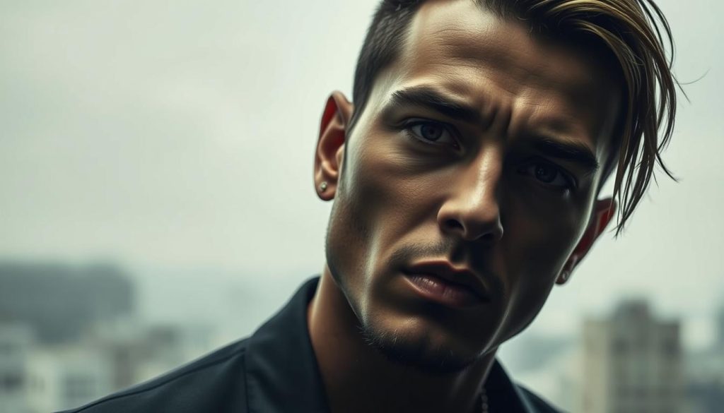 A headshot portrait of the French rapper Nekfeu, also known as Ken Samaras, shot in a dramatic high-contrast lighting setup. Nekfeu is depicted from a slightly low angle, emphasizing his striking features - his intense, piercing gaze, chiseled jawline, and sophisticated yet edgy style. The background is a muted, blurred cityscape, placing the focus squarely on the rapper's commanding presence. The overall mood is moody, intense, and reflective, capturing the essence of Nekfeu's persona as a acclaimed artist within the French hip-hop scene.
