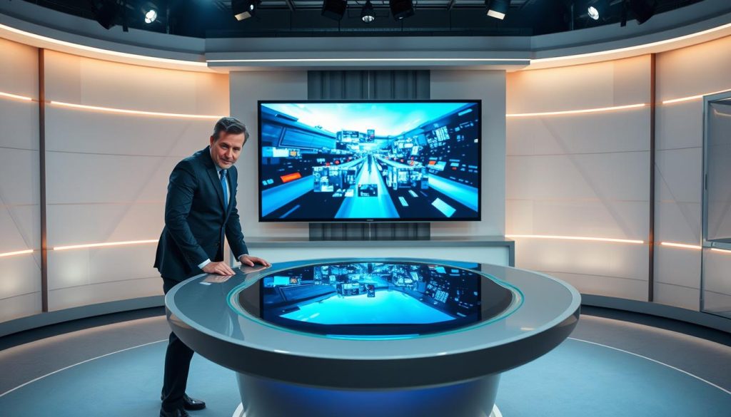 A live news broadcast studio set, with a large central video screen displaying a dynamic live feed. In the foreground, a sleek modern news anchor desk with minimalist design and subtle lighting. The anchor, dressed in a sharp suit, is leaning forward intently, focused on the camera. The background features a clean, architectural set with geometric patterns and a muted color palette, creating a sense of professionalism and authority. Soft, directional lighting illuminates the scene, casting subtle shadows and highlighting the anchor's features. The overall atmosphere is one of immediacy, authority, and high-quality visual presentation, evoking the experience of "regarder direct" - watching a live news broadcast.