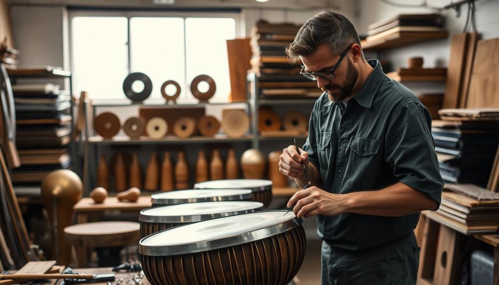 A modern tongue drum fabrication scene, showcasing a skilled artisan in a well-lit workshop filled with tools and materials. The foreground features the artisan wearing modest casual clothing, carefully tuning the metal tongue drum with precision instruments. In the middle, a variety of tongue drum shapes and sizes are displayed, highlighting the evolution of the instrument through the years. The background reveals shelves lined with wood and metal sheets, ambient light streaming through a window, casting soft shadows that create a warm and inviting atmosphere. The overall mood is one of creativity and craftsmanship, capturing the technical and cultural evolution of the modern tongue drum.