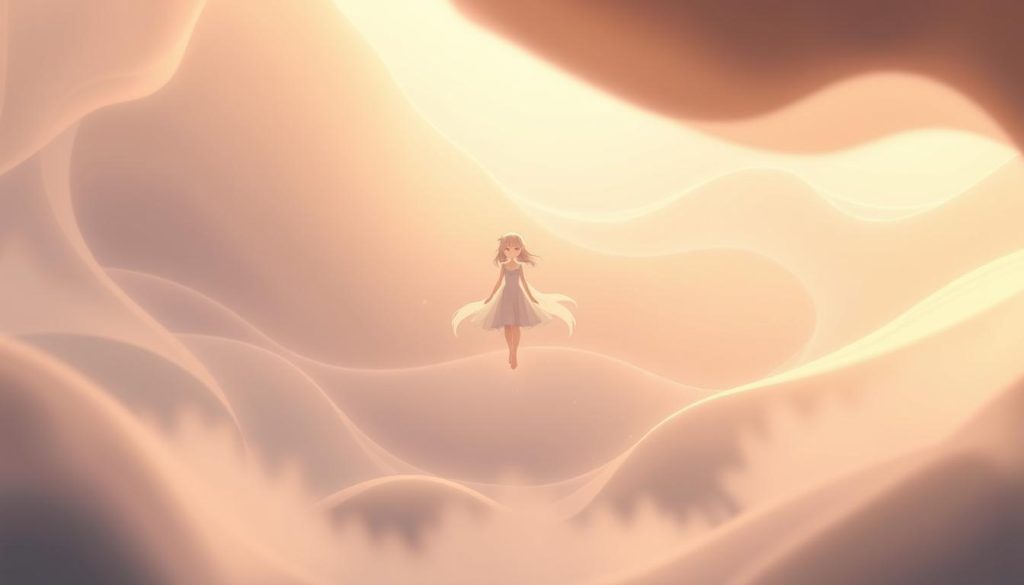 A mystical, animated clip depicting the character Plume in a serene, spiritual setting. Plume, a graceful, ethereal figure, hovers effortlessly amidst a dreamlike landscape of flowing lines, abstract shapes, and subtle, muted colors. Soft, diffused lighting casts a warm, contemplative glow, evoking a sense of introspection and wonder. The camera angles capture Plume from various perspectives, showcasing the character's fluid movements and ethereal presence. The overall atmosphere is one of tranquility, mystery, and a touch of the divine, inviting the viewer to immerse themselves in the meditative, otherworldly experience.