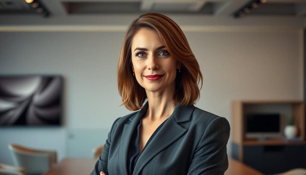 A portrait of Clémence Guetté, a prominent French media personality. She stands in a professional office setting, posing confidently with an air of authority. Warm studio lighting illuminates her face, accentuating her piercing gaze and subtle smile. Her stylish yet conservative business attire conveys her status and influence. The background features sleek, minimalist decor, suggesting a sophisticated, high-powered environment. The overall impression is one of a poised, competent, and respected public figure.