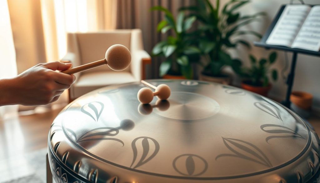 A serene indoor setting showcasing a steel tongue drum being played with both hands and mallets. In the foreground, an elegantly crafted tongue drum with intricate designs reflects soft lighting, highlighting its metallic sheen. A pair of hands gently strikes the drum with mallets, demonstrating the technique of playing. In the middle ground, a comfortable chair and a music stand with sheet music can be seen, suggesting a practice environment. The background features soft-focus curtains and plants, adding a calming atmosphere. Use warm, diffused lighting to create a peaceful ambiance. The scene captures the essence of music creation, emphasizing skillful techniques in a harmonious and inviting space.