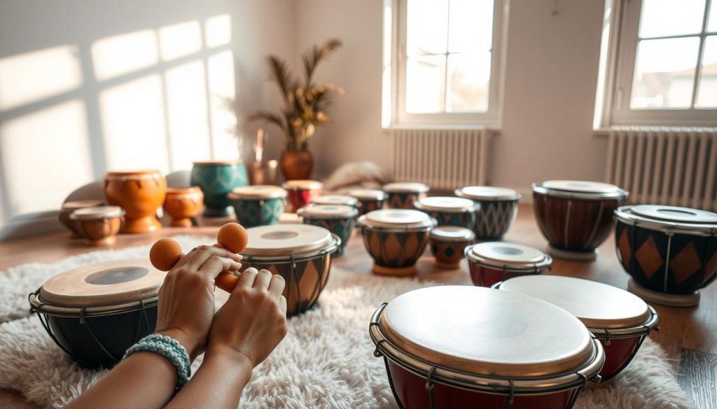 A serene indoor setting showcasing an array of tongue drums in various sizes and colors, displayed on a soft, wooden floor. In the foreground, a pair of hands playfully taps one of the drums, demonstrating different techniques such as mallet striking and finger stroking. The middle ground features additional tongue drums, some with vibrant patterns, while a subtle backdrop includes soft, warm lighting filtering through a large window, enhancing the tranquil atmosphere. Shadows dance gently on the walls, creating a cozy feel. The focus is sharp on the drums and hands, illustrating the intricate details of the instrument, while a slightly blurred background evokes a sense of calm and concentration, inviting viewers into the world of musical exploration. A serene indoor setting showcasing an array of tongue drums in various sizes and colors, displayed on a soft, wooden floor. In the foreground, a pair of hands playfully taps one of the drums, demonstrating different techniques such as mallet striking and finger stroking. The middle ground features additional tongue drums, some with vibrant patterns, while a subtle backdrop includes soft, warm lighting filtering through a large window, enhancing the tranquil atmosphere. Shadows dance gently on the walls, creating a cozy feel. The focus is sharp on the drums and hands, illustrating the intricate details of the instrument, while a slightly blurred background evokes a sense of calm and concentration, inviting viewers into the world of musical exploration.