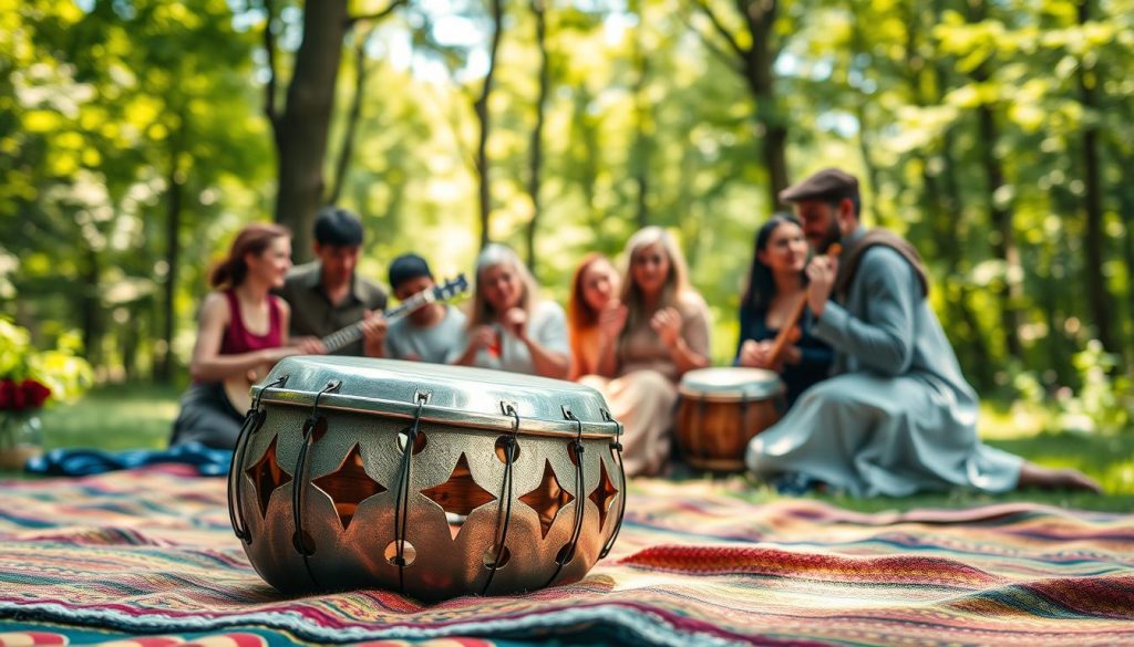 A serene outdoor scene featuring a tongue drum, professionally crafted from metal and wood, resting on a colorful woven blanket. In the foreground, the tongue drum's unique cutouts shimmer in the sunlight, showcasing its intricate craftsmanship. In the middle, a diverse group of musicians of varying ages and backgrounds play the drum in harmony, dressed in modest casual clothing, conveying a joyful and communal atmosphere. The background reveals a lush green forest with soft dappled light filtering through the leaves, enhancing the tranquil mood. The scene is captured using a warm color palette, with soft focus and natural lighting, emphasizing the cultural significance of the tongue drum in diverse musical contexts. A serene outdoor scene featuring a tongue drum, professionally crafted from metal and wood, resting on a colorful woven blanket. In the foreground, the tongue drum's unique cutouts shimmer in the sunlight, showcasing its intricate craftsmanship. In the middle, a diverse group of musicians of varying ages and backgrounds play the drum in harmony, dressed in modest casual clothing, conveying a joyful and communal atmosphere. The background reveals a lush green forest with soft dappled light filtering through the leaves, enhancing the tranquil mood. The scene is captured using a warm color palette, with soft focus and natural lighting, emphasizing the cultural significance of the tongue drum in diverse musical contexts.
