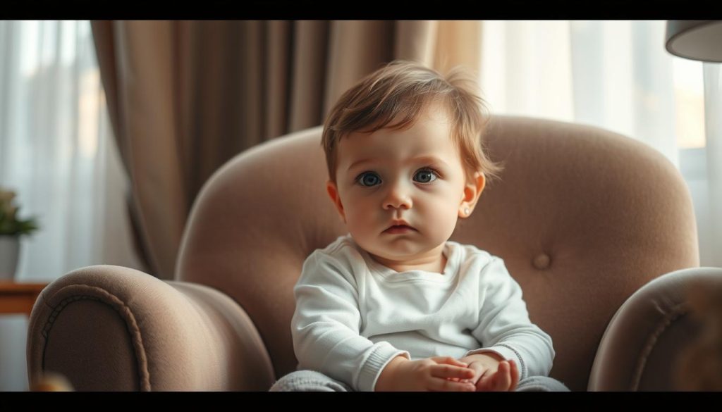 A softly lit, indoor scene depicting a young child in a cozy, nurturing setting. The child sits on a plush, muted-toned armchair, surrounded by warm, neutral-colored furnishings. Gentle, natural lighting filters through sheer curtains, casting a comforting glow. The child's expression is serene, their gaze directed towards the viewer with a sense of innocence and tranquility. The overall atmosphere conveys a feeling of safety, care, and the intimate, private setting of a family home.